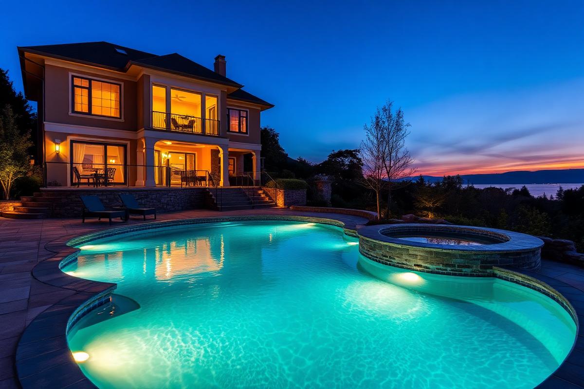 Illuminated private swimming pool at twilight