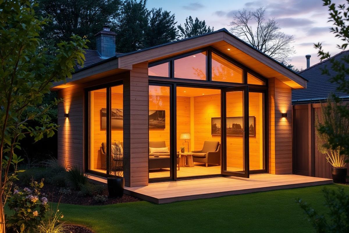 Contemporary garden room lit at dusk