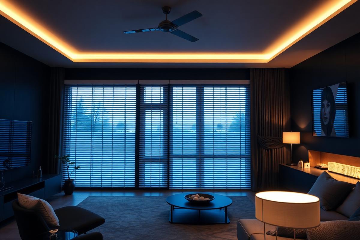 Smart home lighting and automated blinds in a modern living room at night