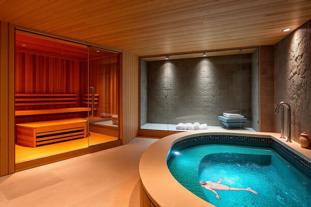 Private home wellness suite with cedar sauna, steam room and plunge pool