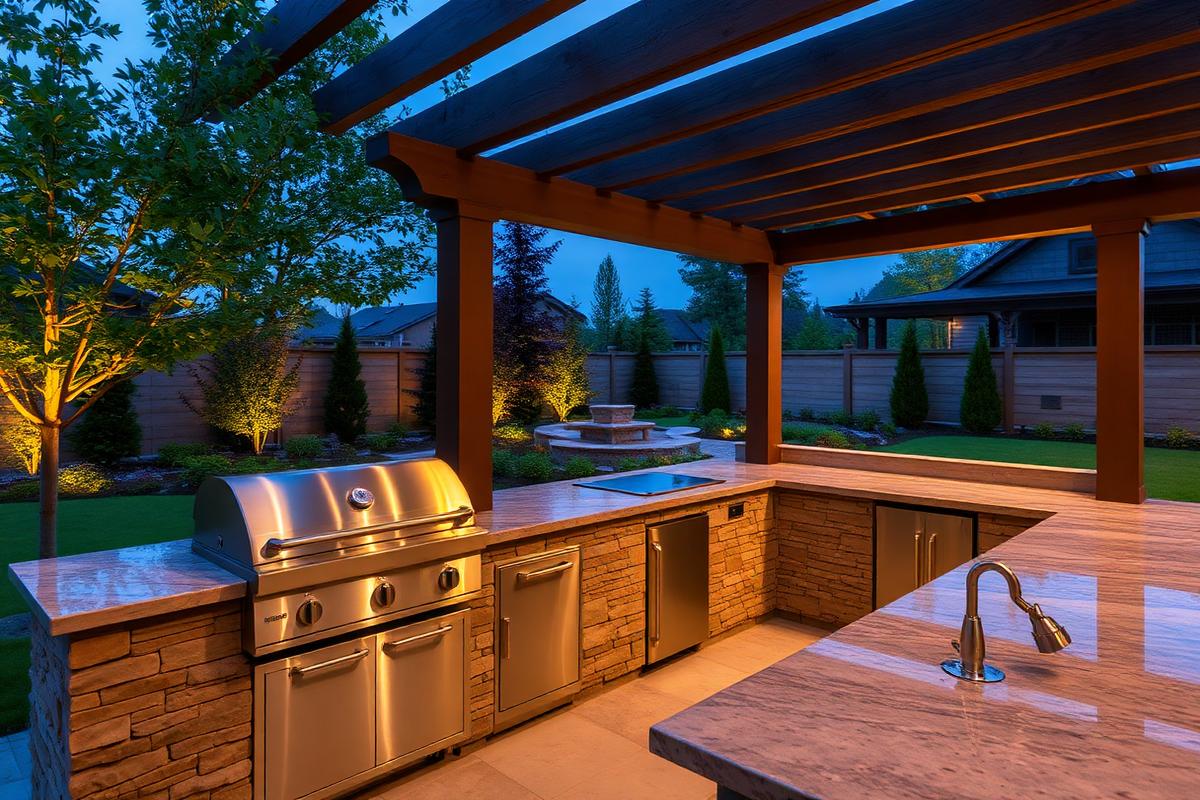 Luxury outdoor kitchen with grill and pergola