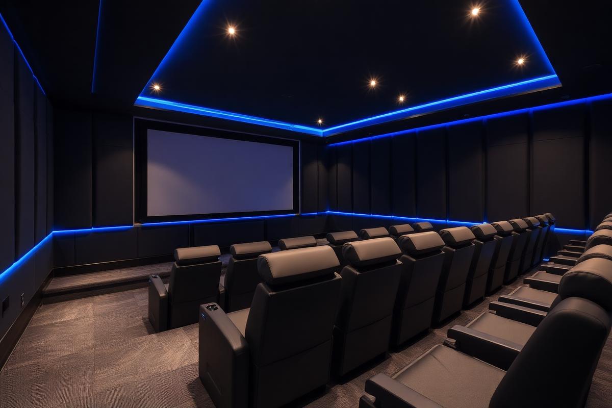 Private home cinema room with tiered seating
